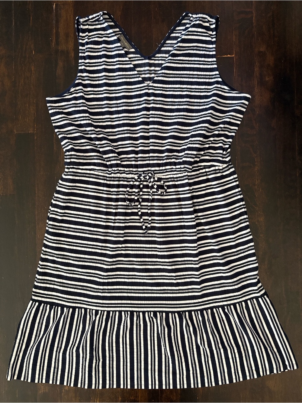 Style & Co Navy Blue White Striped Tie Waist Ruffle Hem Midi Dress Size XL NWT - Picture 3 of 6